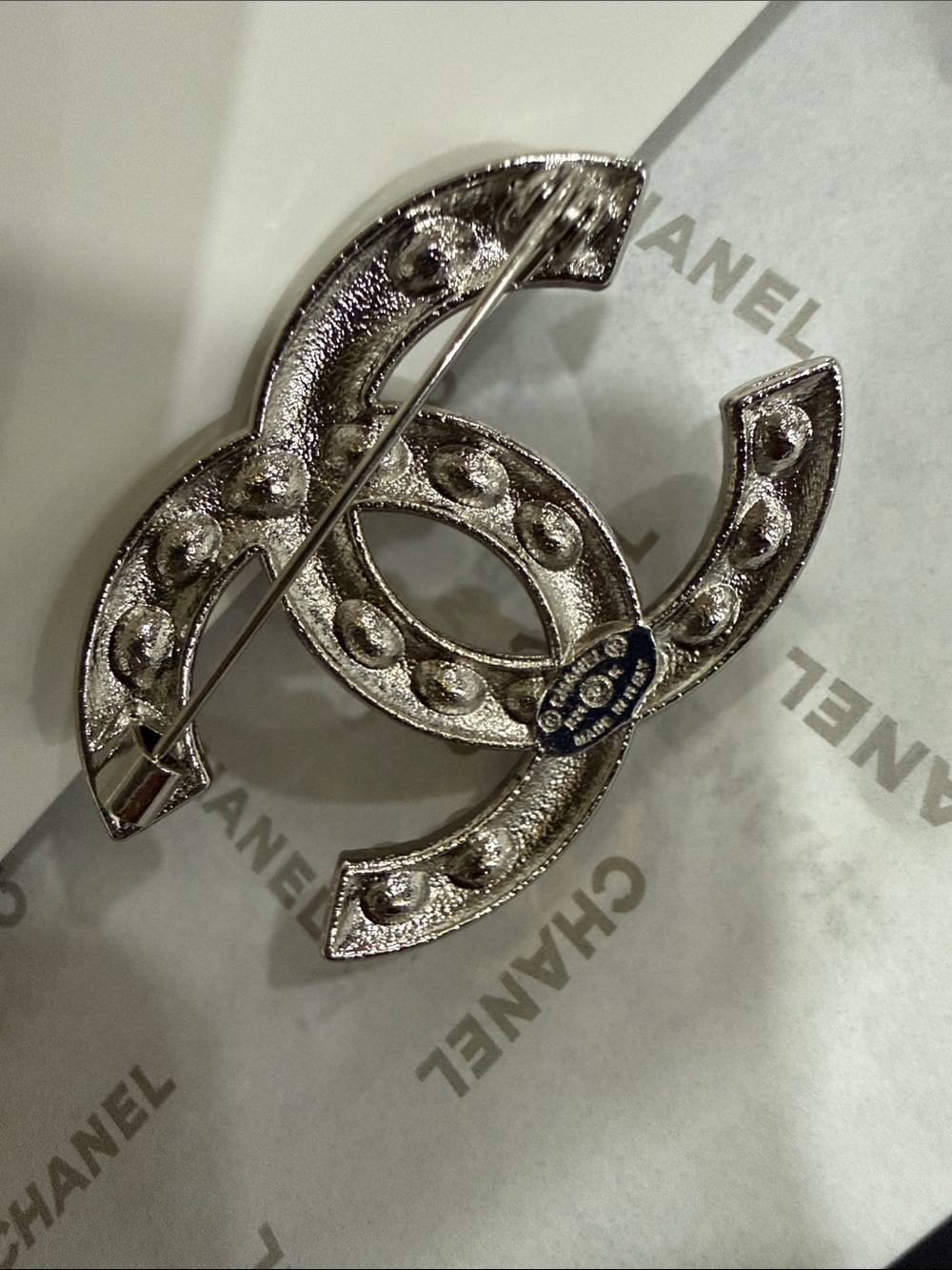 Upcycled CC Pearl & Crystal CC Brooch in Silver Tone - Picture 2 of 5